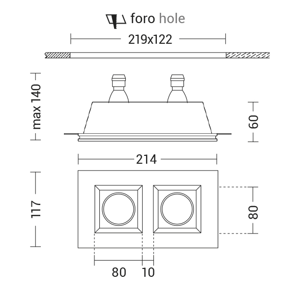DOWNLIGHT DOPPIO QUADRATO IN GESSO RASATO B